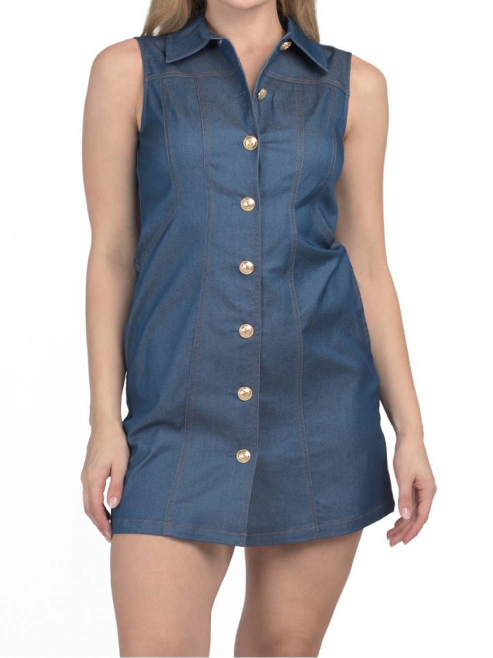 BCBG Sleeveless Button-Front Denim Mini Dress - Blue